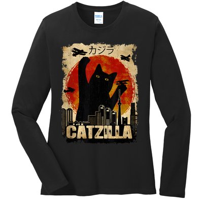Catzilla Vintage Tee Funny Kitten And Cat Art Japanese Sunset Ladies Long Sleeve Shirt