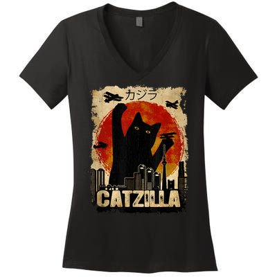 Catzilla Vintage Tee Funny Kitten And Cat Art Japanese Sunset Women's V-Neck T-Shirt