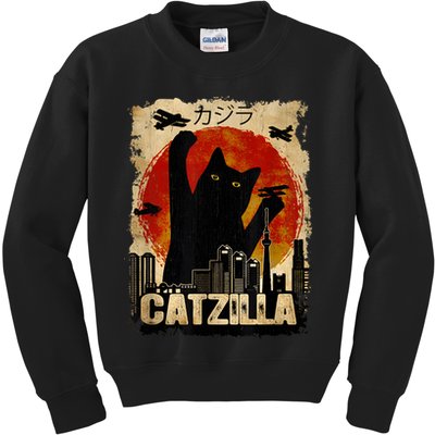 Catzilla Vintage Tee Funny Kitten And Cat Art Japanese Sunset Kids Sweatshirt