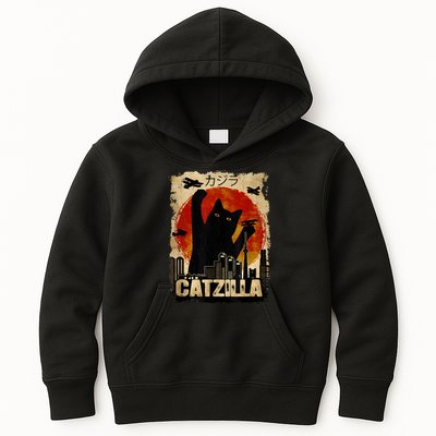 Catzilla Vintage Tee Funny Kitten And Cat Art Japanese Sunset Kids Hoodie