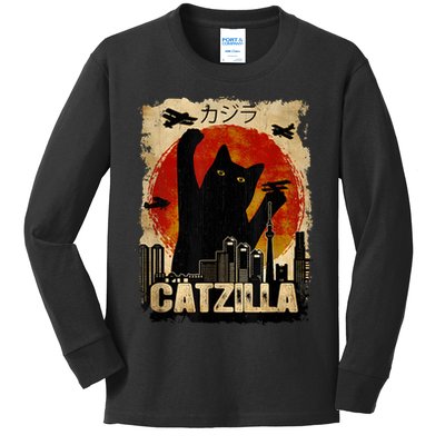 Catzilla Vintage Tee Funny Kitten And Cat Art Japanese Sunset Kids Long Sleeve Shirt