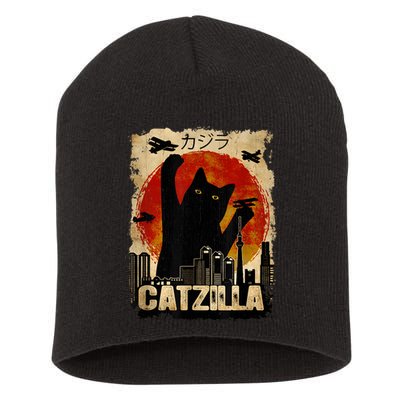 Catzilla Vintage Tee Funny Kitten And Cat Art Japanese Sunset Short Acrylic Beanie