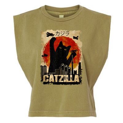 Catzilla Vintage Tee Funny Kitten And Cat Art Japanese Sunset Garment-Dyed Women's Muscle Tee