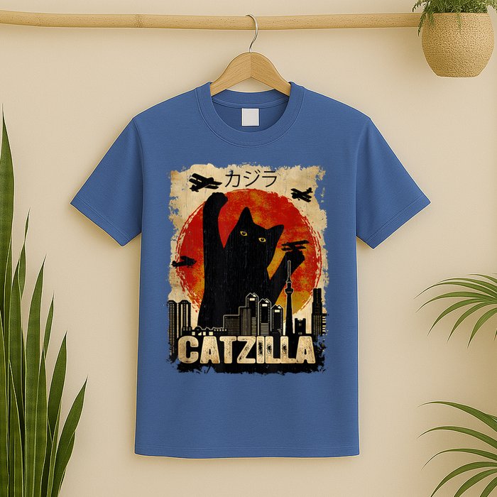 Catzilla Vintage Tee Funny Kitten And Cat Art Japanese Sunset T-Shirt