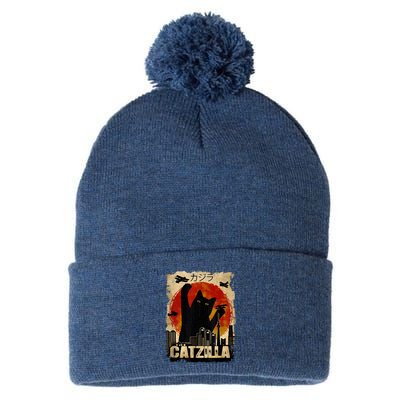 Catzilla Vintage Tee Funny Kitten And Cat Art Japanese Sunset Pom Pom 12in Knit Beanie
