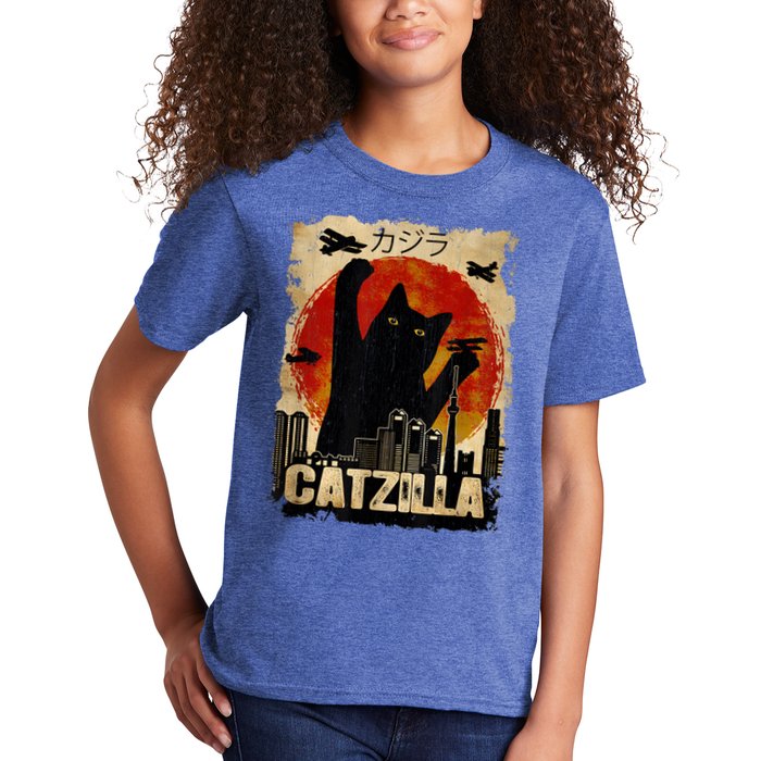 Catzilla Vintage Tee Funny Kitten And Cat Art Japanese Sunset Kids T-Shirt