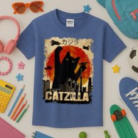 Catzilla Vintage Tee Funny Kitten And Cat Art Japanese Sunset Kids T-Shirt