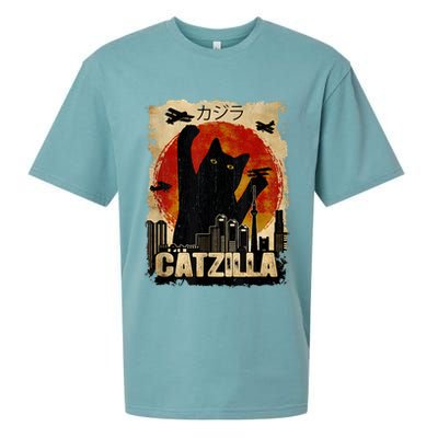 Catzilla Vintage Tee Funny Kitten And Cat Art Japanese Sunset Sueded Cloud Jersey T-Shirt