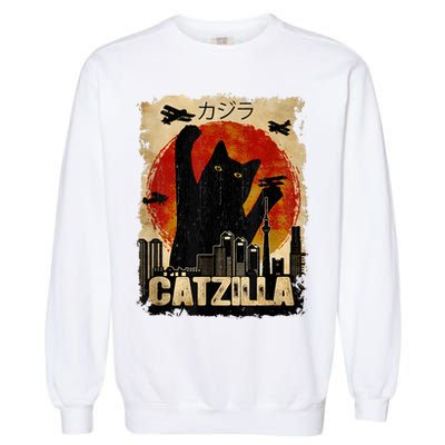 Catzilla Vintage Tee Funny Kitten And Cat Art Japanese Sunset Garment-Dyed Sweatshirt