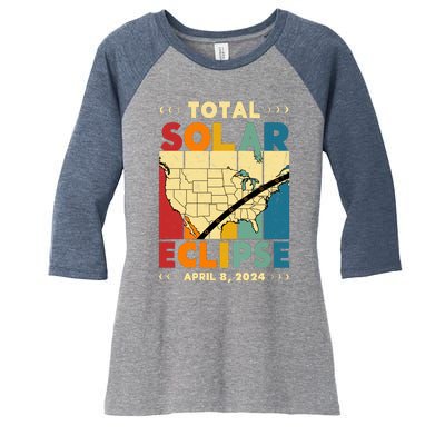 Cool Vintage Total Solar Eclips Usa Map April 2024 Women's Tri-Blend 3/4-Sleeve Raglan Shirt