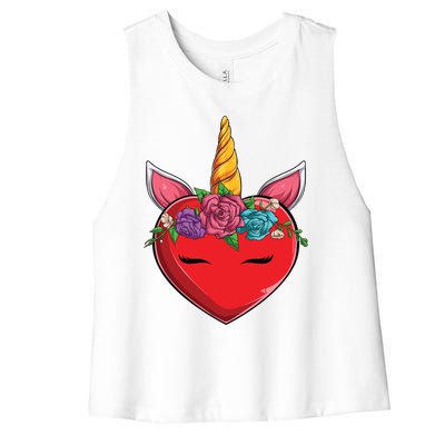 Cute Valentines Unicorn Heart Flowers Funny Gift Women's Racerback Cropped Tank