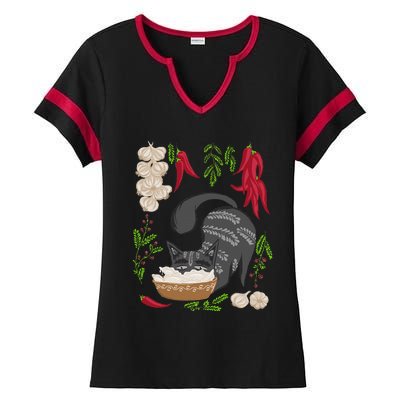 Cat & Vareniki Ukraine Food Funny Ukrainian Vyshyvanka Style Ladies Halftime Notch Neck Tee