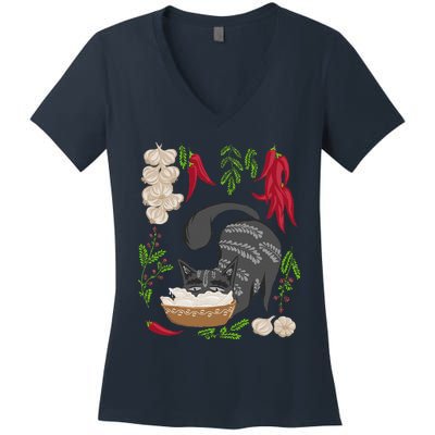 Cat & Vareniki Ukraine Food Funny Ukrainian Vyshyvanka Style Women's V-Neck T-Shirt