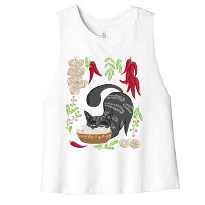 Cat & Vareniki Ukraine Food Funny Ukrainian Vyshyvanka Style Women's Racerback Cropped Tank