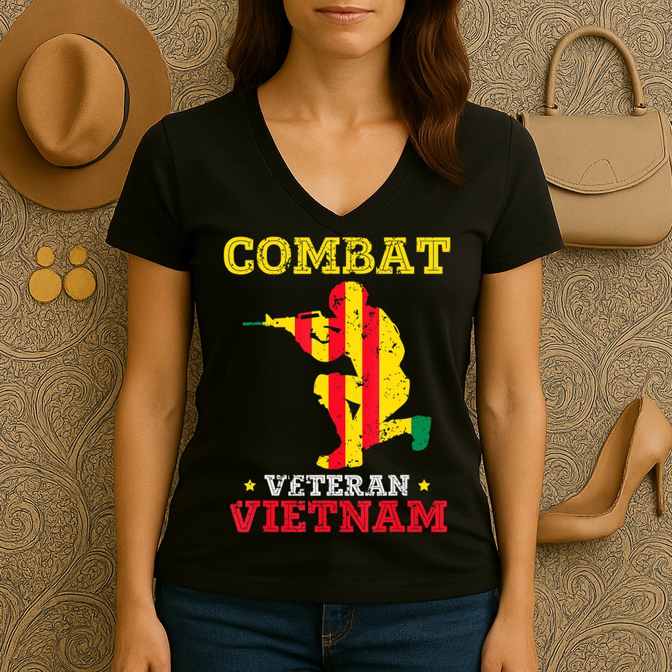 Combat Veteran Vietnam Retired Patriotic Women's V-Neck T-Shirt