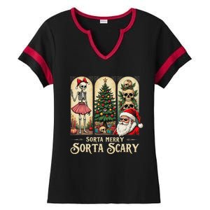 Christmas Vibes Xmas Skeleton Sorta Merry Sorta Scary Gothic Ladies Halftime Notch Neck Tee