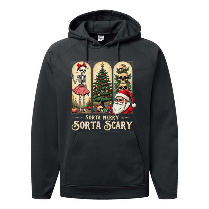 Christmas Vibes Xmas Skeleton Sorta Merry Sorta Scary Gothic Performance Fleece Hoodie