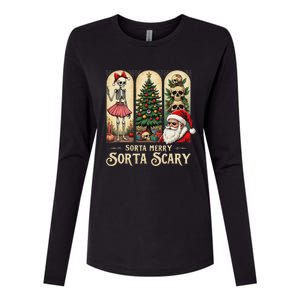 Christmas Vibes Xmas Skeleton Sorta Merry Sorta Scary Gothic Womens Cotton Relaxed Long Sleeve T-Shirt