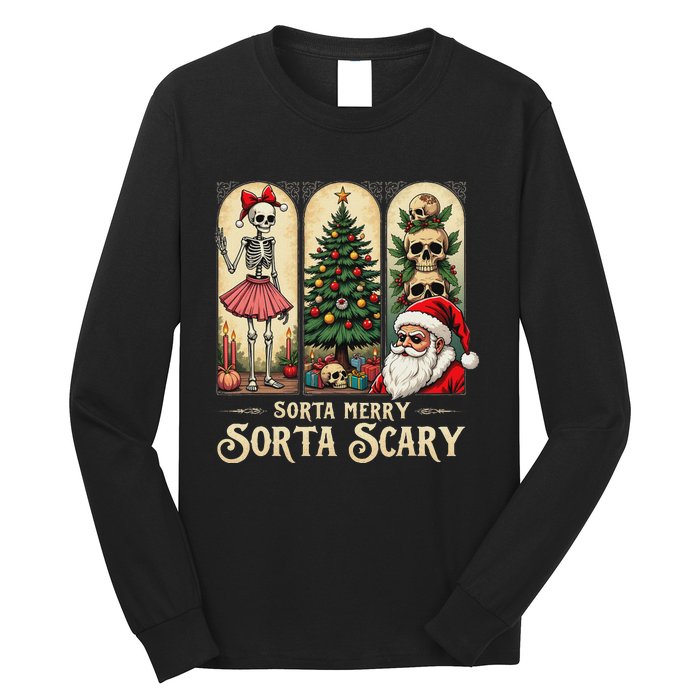 Christmas Vibes Xmas Skeleton Sorta Merry Sorta Scary Gothic Long Sleeve Shirt