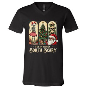 Christmas Vibes Xmas Skeleton Sorta Merry Sorta Scary Gothic V-Neck T-Shirt