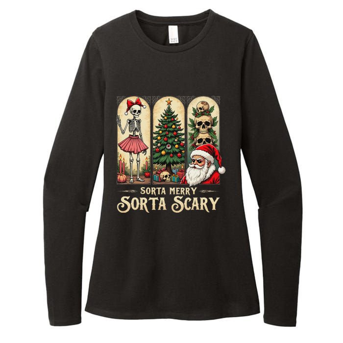 Christmas Vibes Xmas Skeleton Sorta Merry Sorta Scary Gothic Womens CVC Long Sleeve Shirt