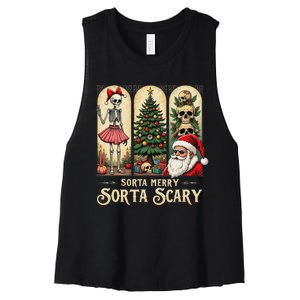 Christmas Vibes Xmas Skeleton Sorta Merry Sorta Scary Gothic Women's Racerback Cropped Tank