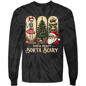 Christmas Vibes Xmas Skeleton Sorta Merry Sorta Scary Gothic Tie-Dye Long Sleeve Shirt