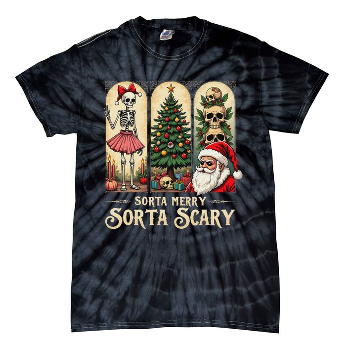 Christmas Vibes Xmas Skeleton Sorta Merry Sorta Scary Gothic Tie-Dye T-Shirt