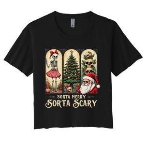 Christmas Vibes Xmas Skeleton Sorta Merry Sorta Scary Gothic Women's Crop Top Tee