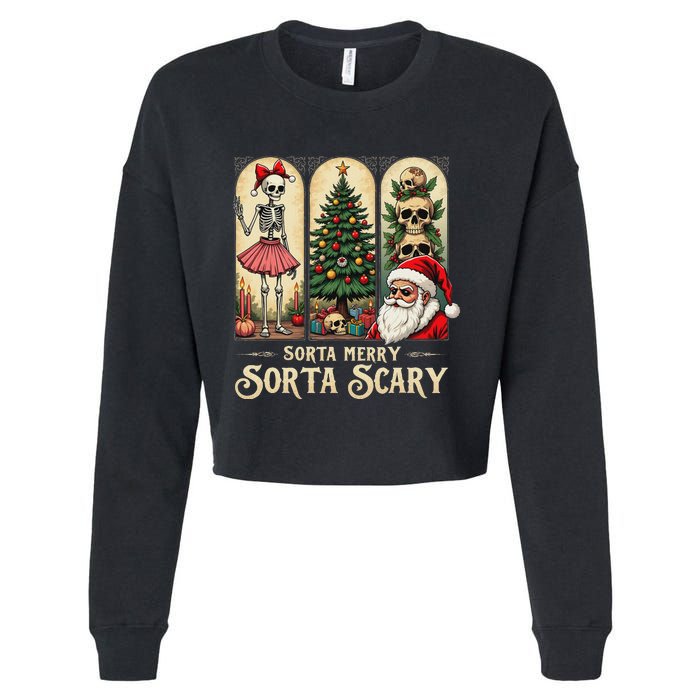 Christmas Vibes Xmas Skeleton Sorta Merry Sorta Scary Gothic Cropped Pullover Crew