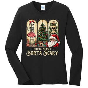 Christmas Vibes Xmas Skeleton Sorta Merry Sorta Scary Gothic Ladies Long Sleeve Shirt