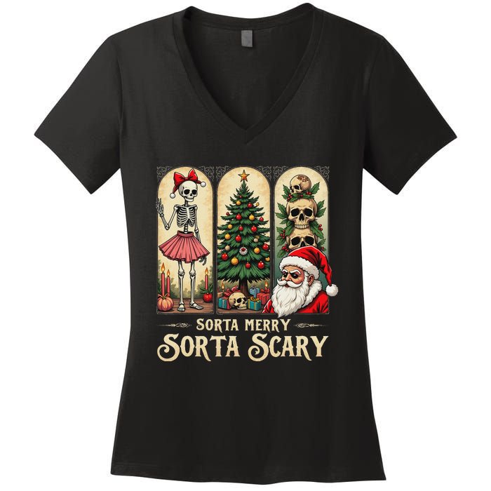 Christmas Vibes Xmas Skeleton Sorta Merry Sorta Scary Gothic Women's V-Neck T-Shirt