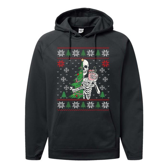 Christmas Vibes Xmas Skeleton Sorta Merry Sorta Scary Gothic Performance Fleece Hoodie