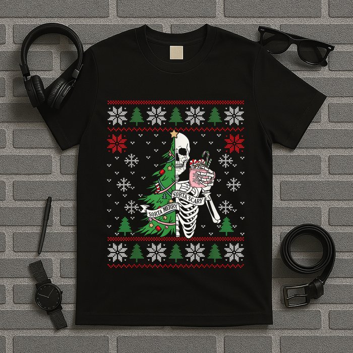 Christmas Vibes Xmas Skeleton Sorta Merry Sorta Scary Gothic T-Shirt