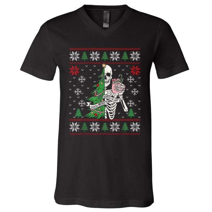 Christmas Vibes Xmas Skeleton Sorta Merry Sorta Scary Gothic V-Neck T-Shirt