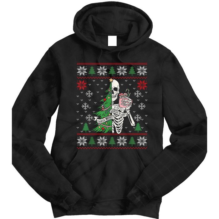 Christmas Vibes Xmas Skeleton Sorta Merry Sorta Scary Gothic Tie Dye Hoodie