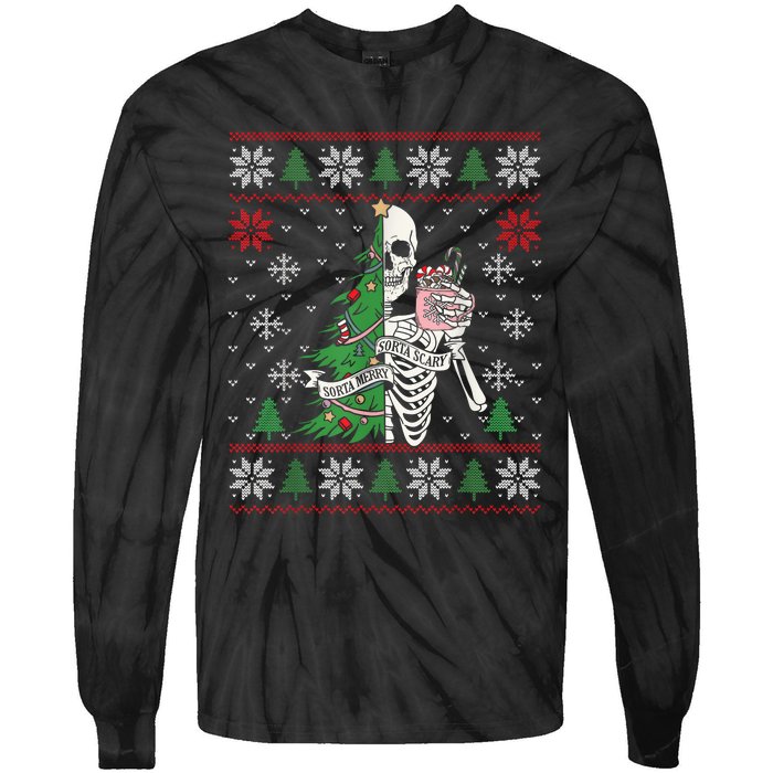 Christmas Vibes Xmas Skeleton Sorta Merry Sorta Scary Gothic Tie-Dye Long Sleeve Shirt