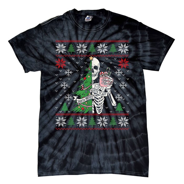 Christmas Vibes Xmas Skeleton Sorta Merry Sorta Scary Gothic Tie-Dye T-Shirt