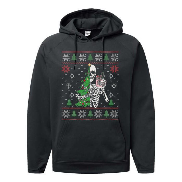 Christmas Vibes Xmas Skeleton Sorta Merry Sorta Scary Gothic Performance Fleece Hoodie