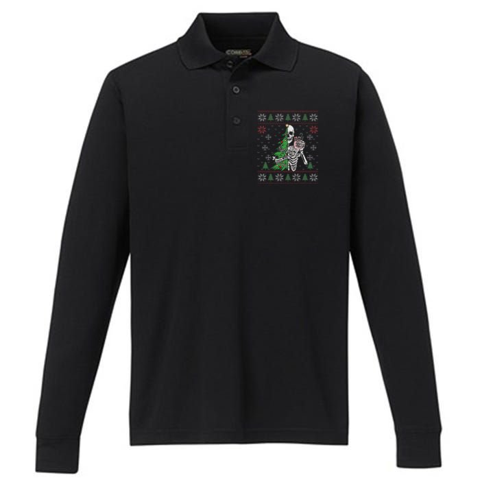 Christmas Vibes Xmas Skeleton Sorta Merry Sorta Scary Gothic Performance Long Sleeve Polo