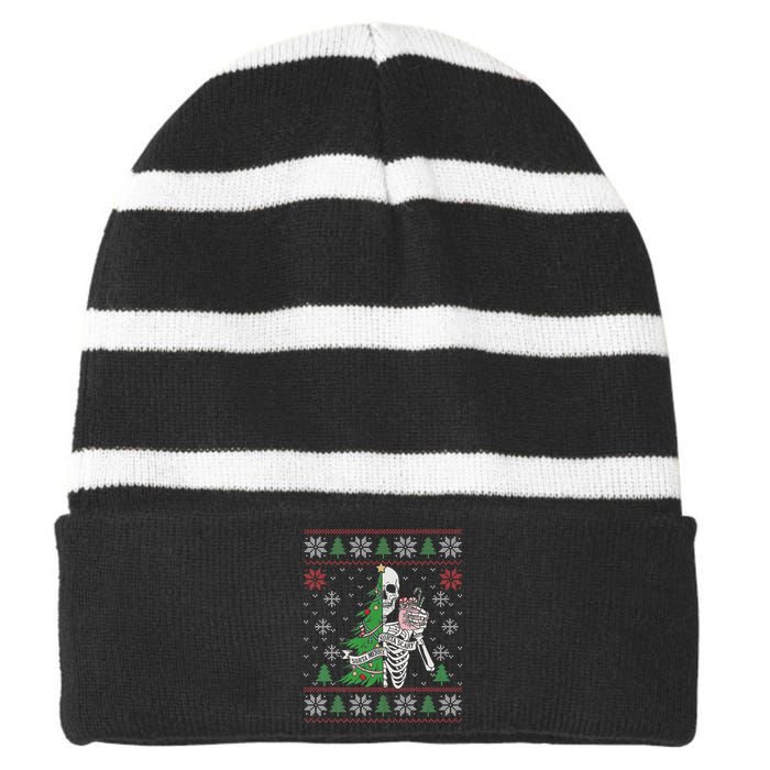 Christmas Vibes Xmas Skeleton Sorta Merry Sorta Scary Gothic Striped Beanie with Solid Band