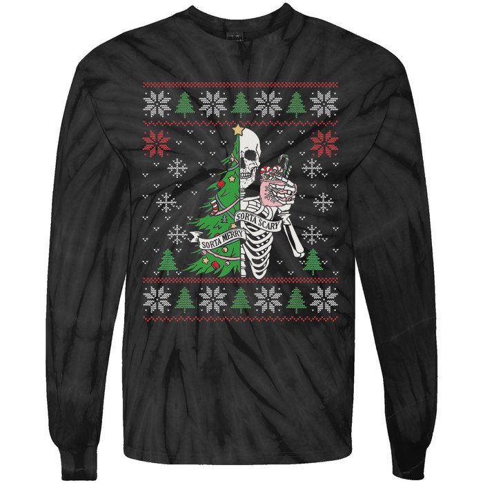 Christmas Vibes Xmas Skeleton Sorta Merry Sorta Scary Gothic Tie-Dye Long Sleeve Shirt