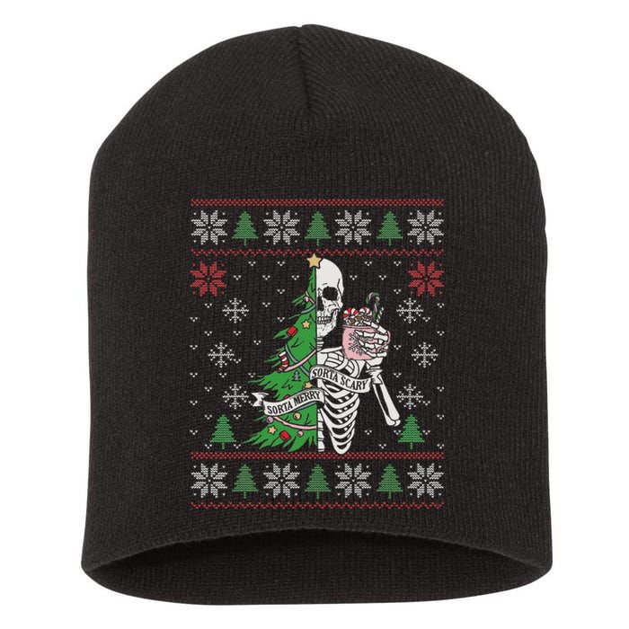 Christmas Vibes Xmas Skeleton Sorta Merry Sorta Scary Gothic Short Acrylic Beanie