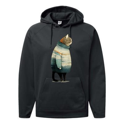 Cat Wearing A Sweater Funny Pet Fat Gray Cat In Sweater Performance Fleece Hoodie