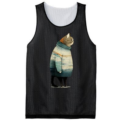 Cat Wearing A Sweater Funny Pet Fat Gray Cat In Sweater Mesh Reversible Basketball Jersey Tank