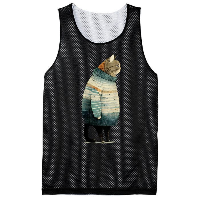 Cat Wearing A Sweater Funny Pet Fat Gray Cat In Sweater Mesh Reversible Basketball Jersey Tank