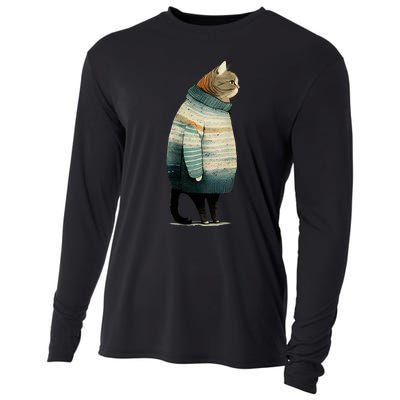 Cat Wearing A Sweater Funny Pet Fat Gray Cat In Sweater Cooling Performance Long Sleeve Crew