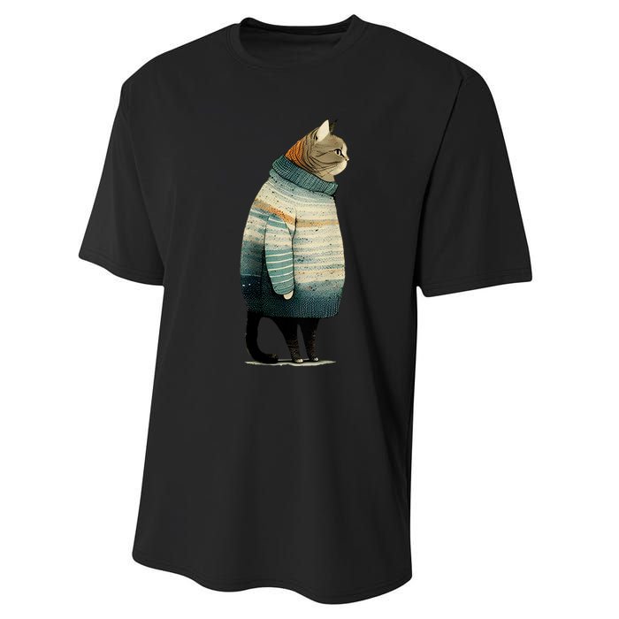 Cat Wearing A Sweater Funny Pet Fat Gray Cat In Sweater Performance Sprint T-Shirt