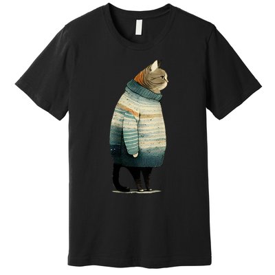 Cat Wearing A Sweater Funny Pet Fat Gray Cat In Sweater Premium T-Shirt