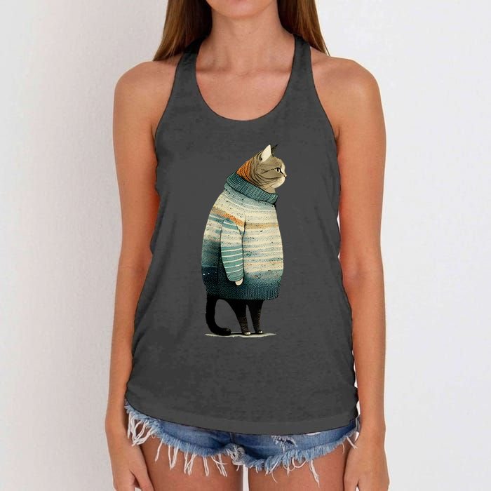 Cat Wearing A Sweater Funny Pet Fat Gray Cat In Sweater Women's Knotted Racerback Tank